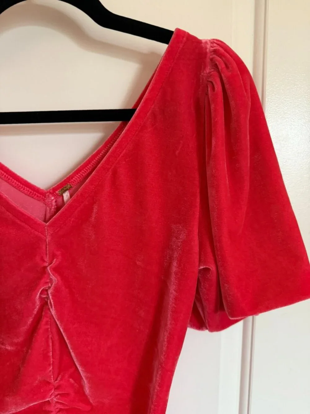 Free People Pink Velvet Cupcake Ruched V-Neck Top Romantic Boho Going Out Top